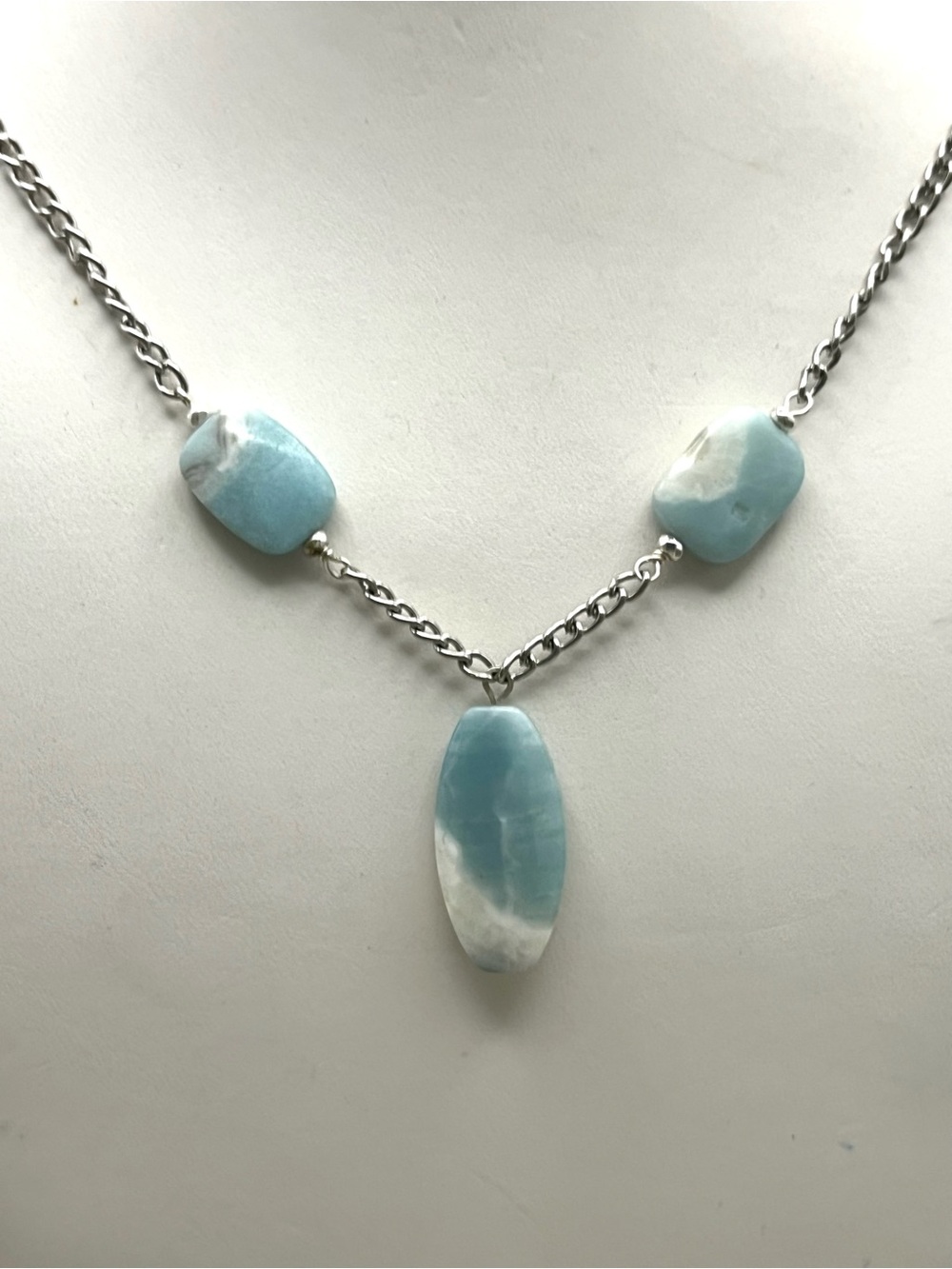 Amazonite Gemstone Y Necklace Silver Tone Chain Coastal Boho Statement Natural